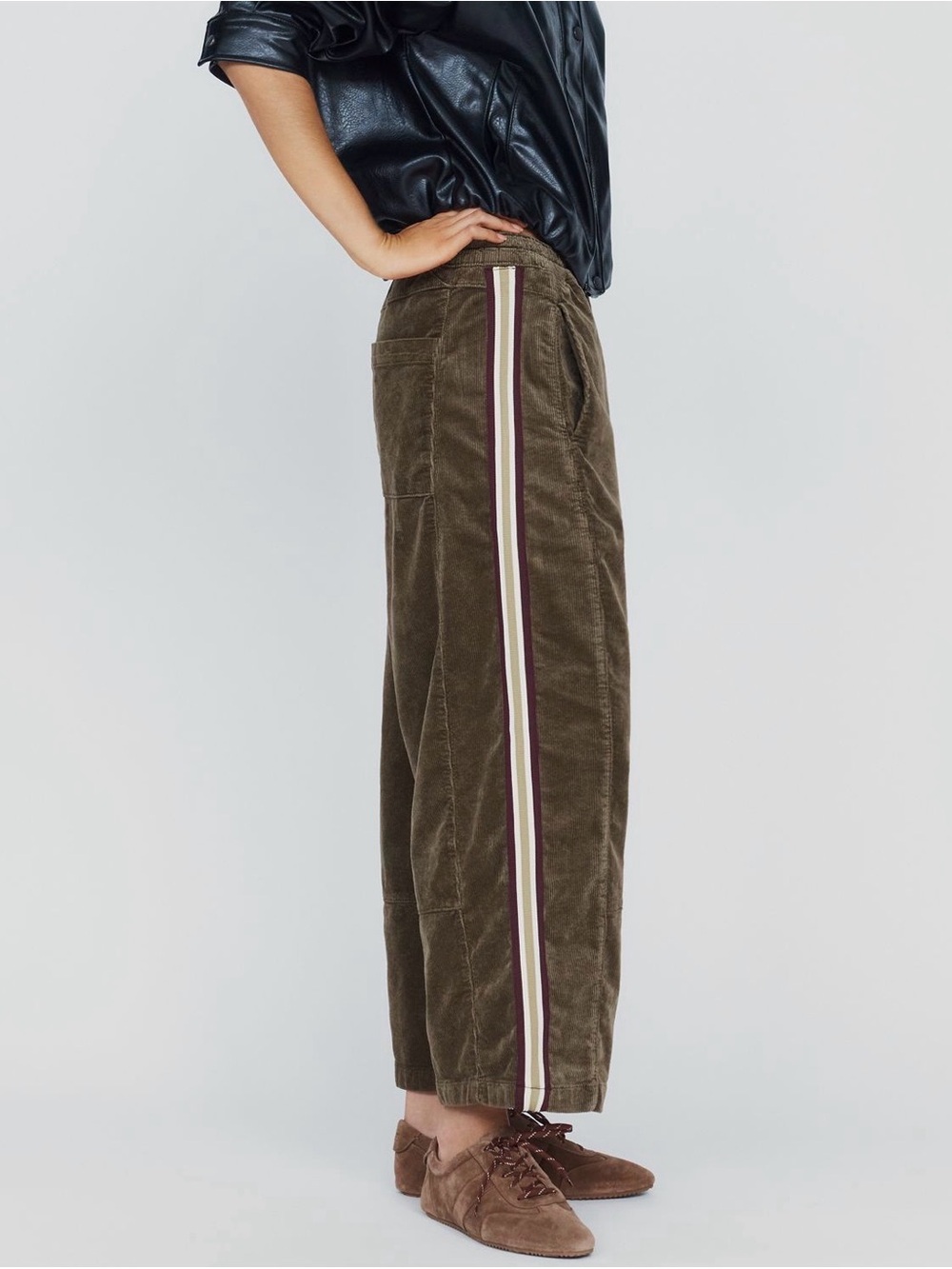 PILCRO Izzie Relaxed Corduroy Pull-On Barrel Pants Olive Stripe S - Picture 2 of 16